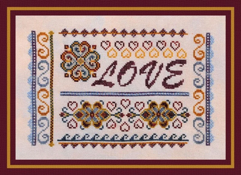 Love Sampler cross stitch pattern from Turquoise Graphics & Designs TGD-076