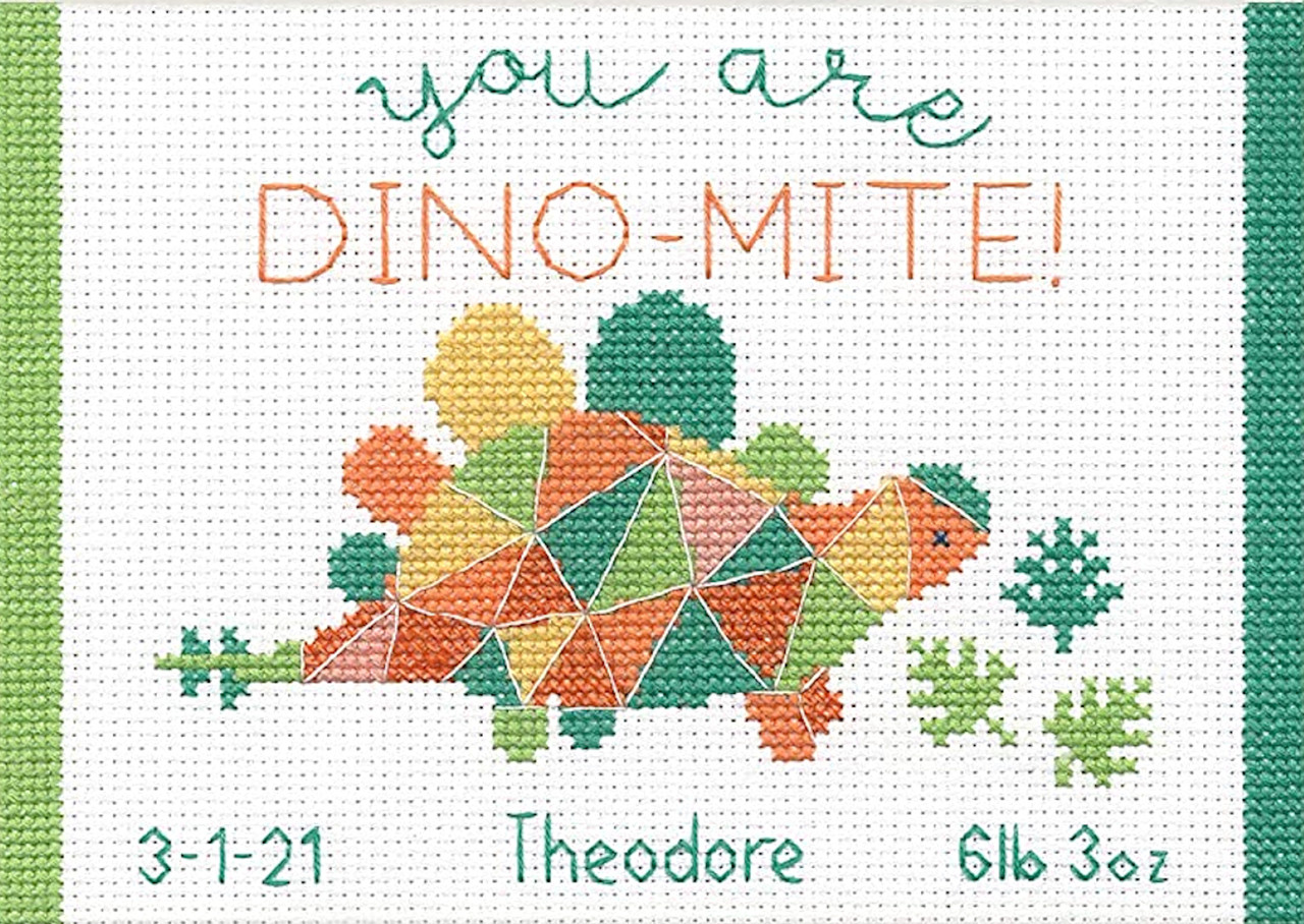 Dino-Mite Birth Record cross stitch kit from Dimensions DM-65210