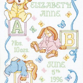 Sleepy Bunnies Birth Announcement cross stitch kit from Janlynn JL-0540048