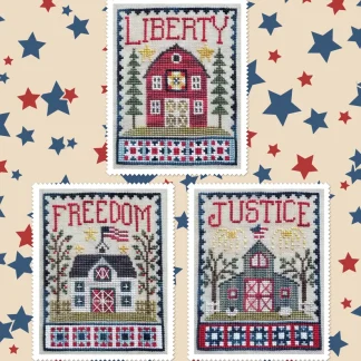Patriotic Barn Trio cross stitch pattern from Waxing Moon Designs WMD-206